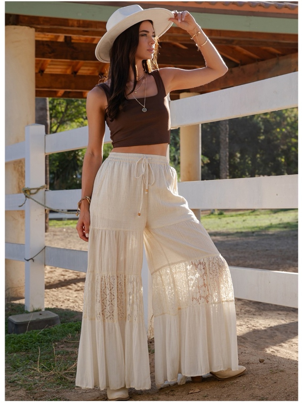 Young Threads Cream Stretchy Waist Floral Lace Wide leg Pants